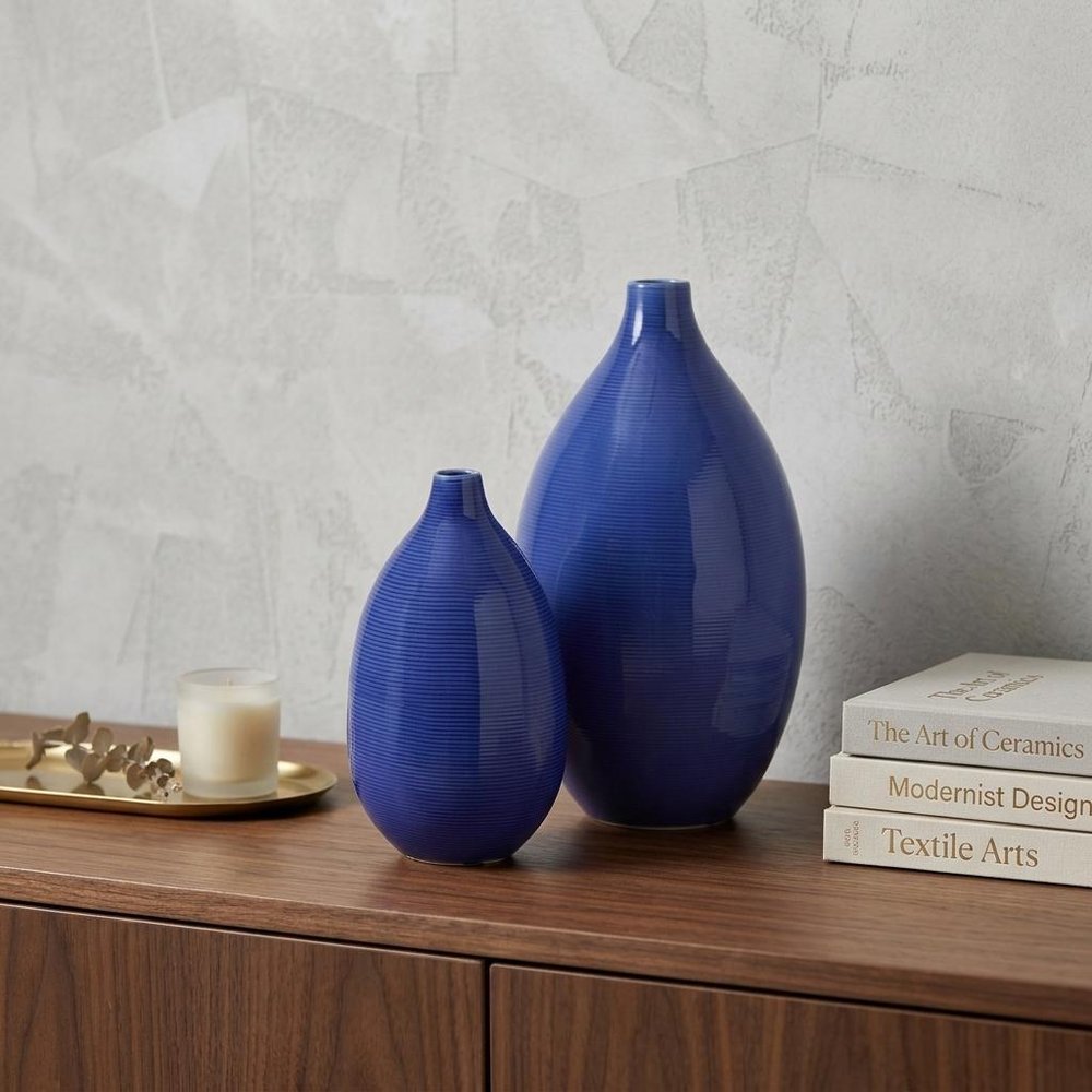 Set of Two Cobalt Ceramic Round Table Vases