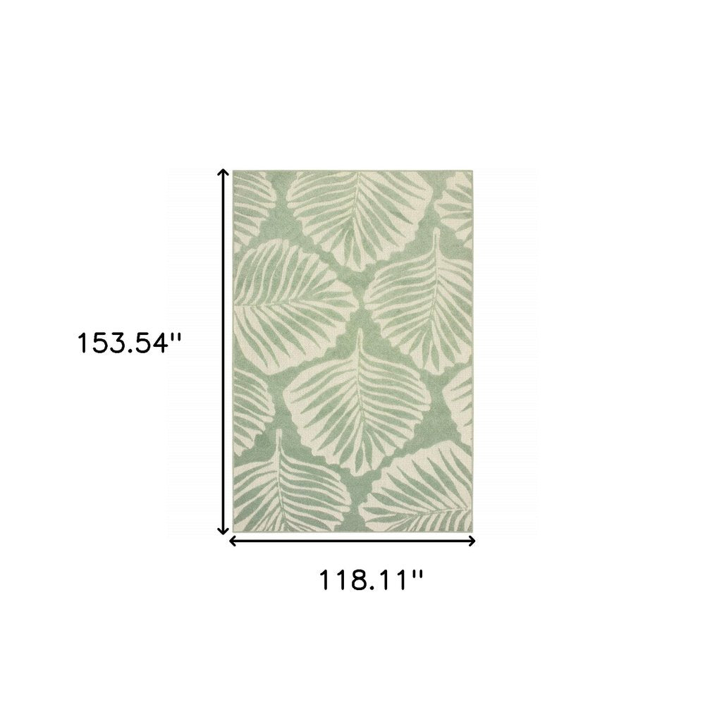 10' X 13' Green And Ivory Floral Indoor Outdoor Area Rug