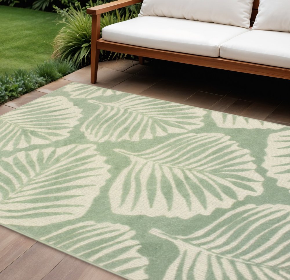 10' X 13' Green And Ivory Floral Indoor Outdoor Area Rug