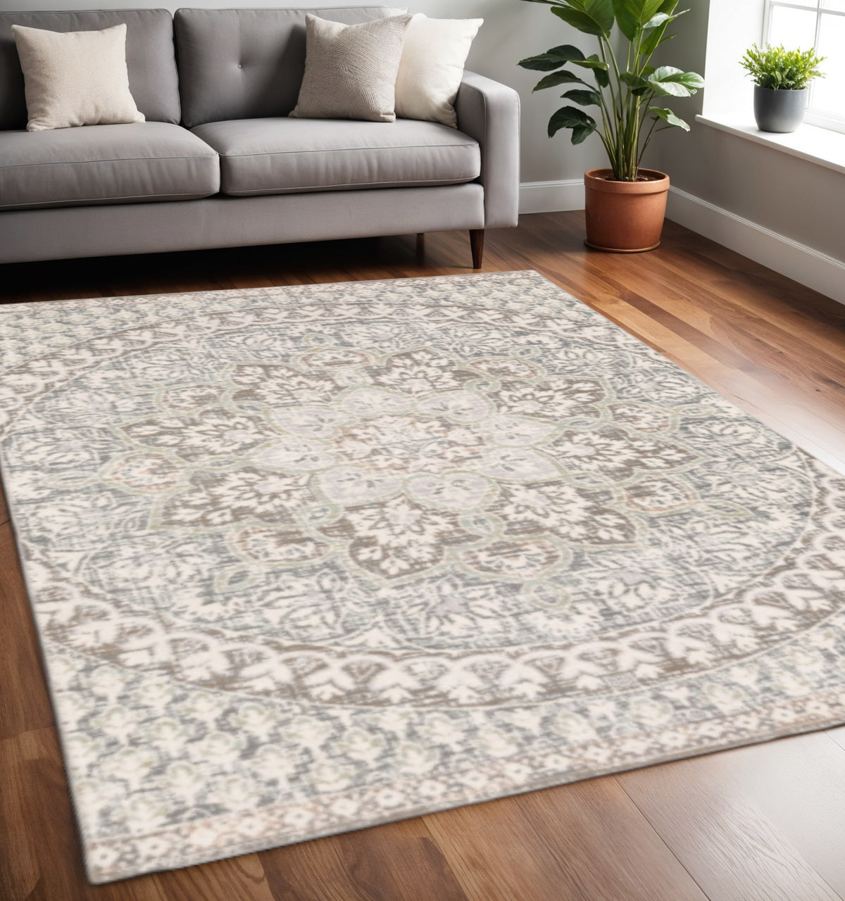 10' X 13' Ivory And Gray Medallion Distressed Area Rug