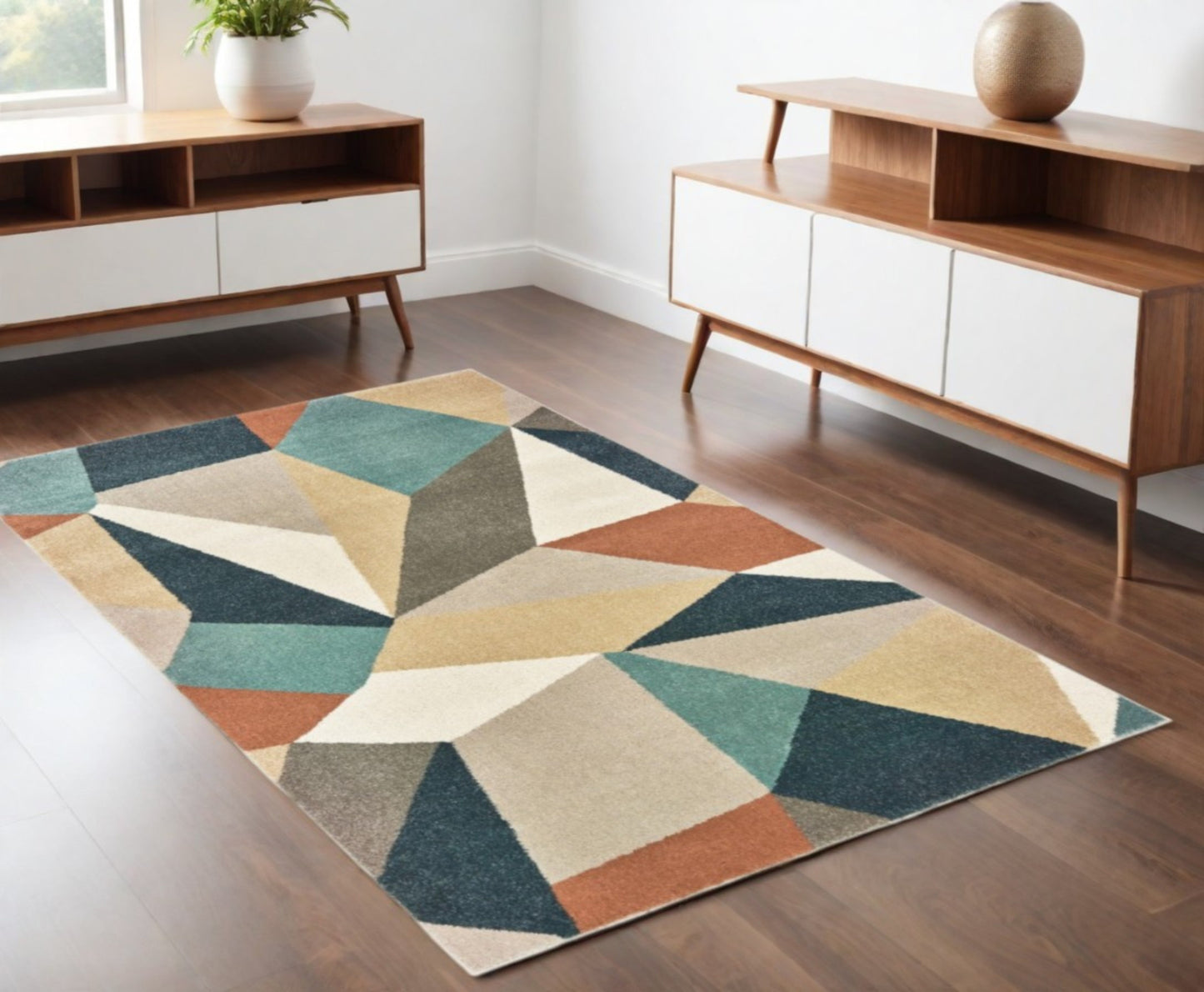 5' X 7' Blue Green And Beige Abstract Geometric Area Rug