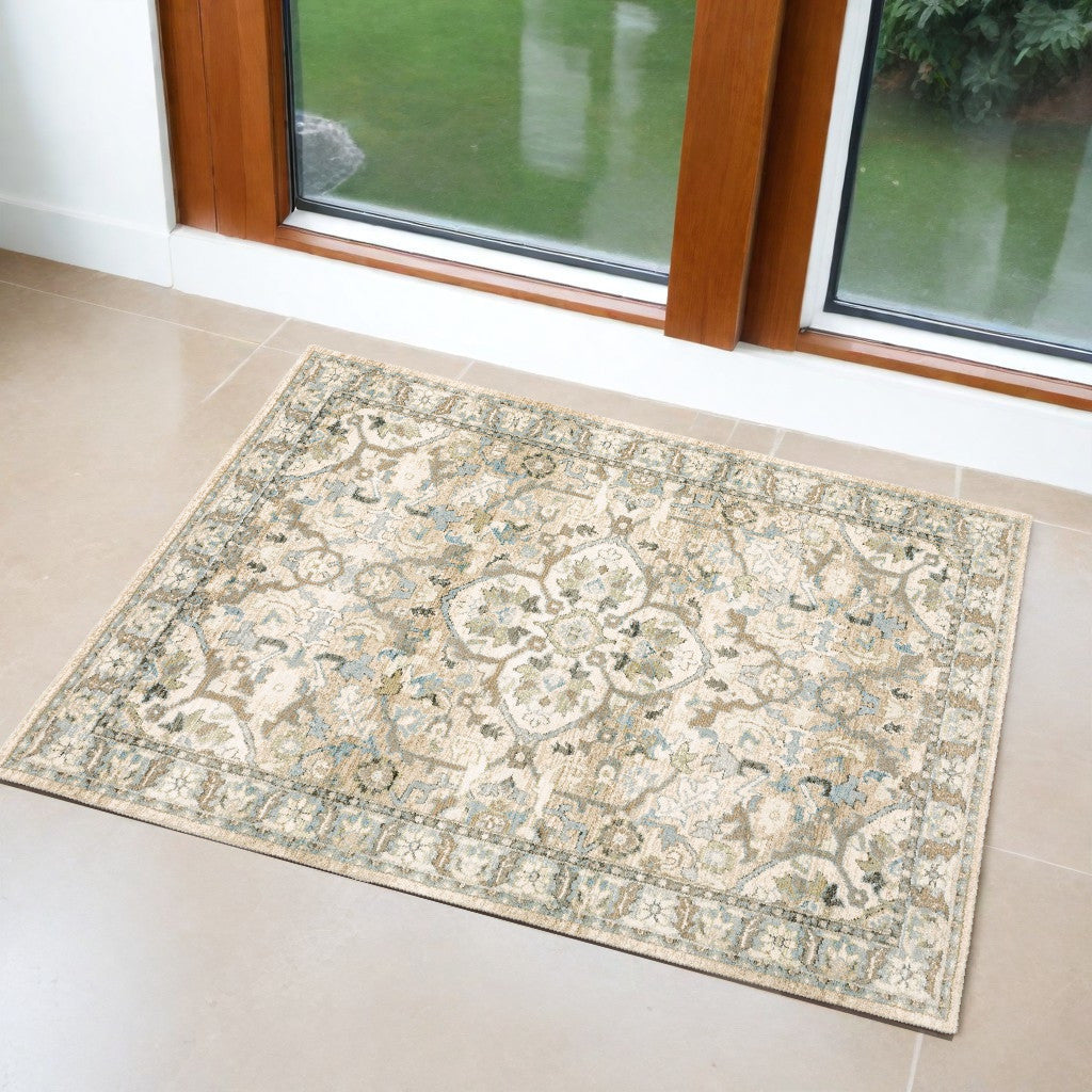 2' X 3' Ivory Blue And Red Geometric Area Rug