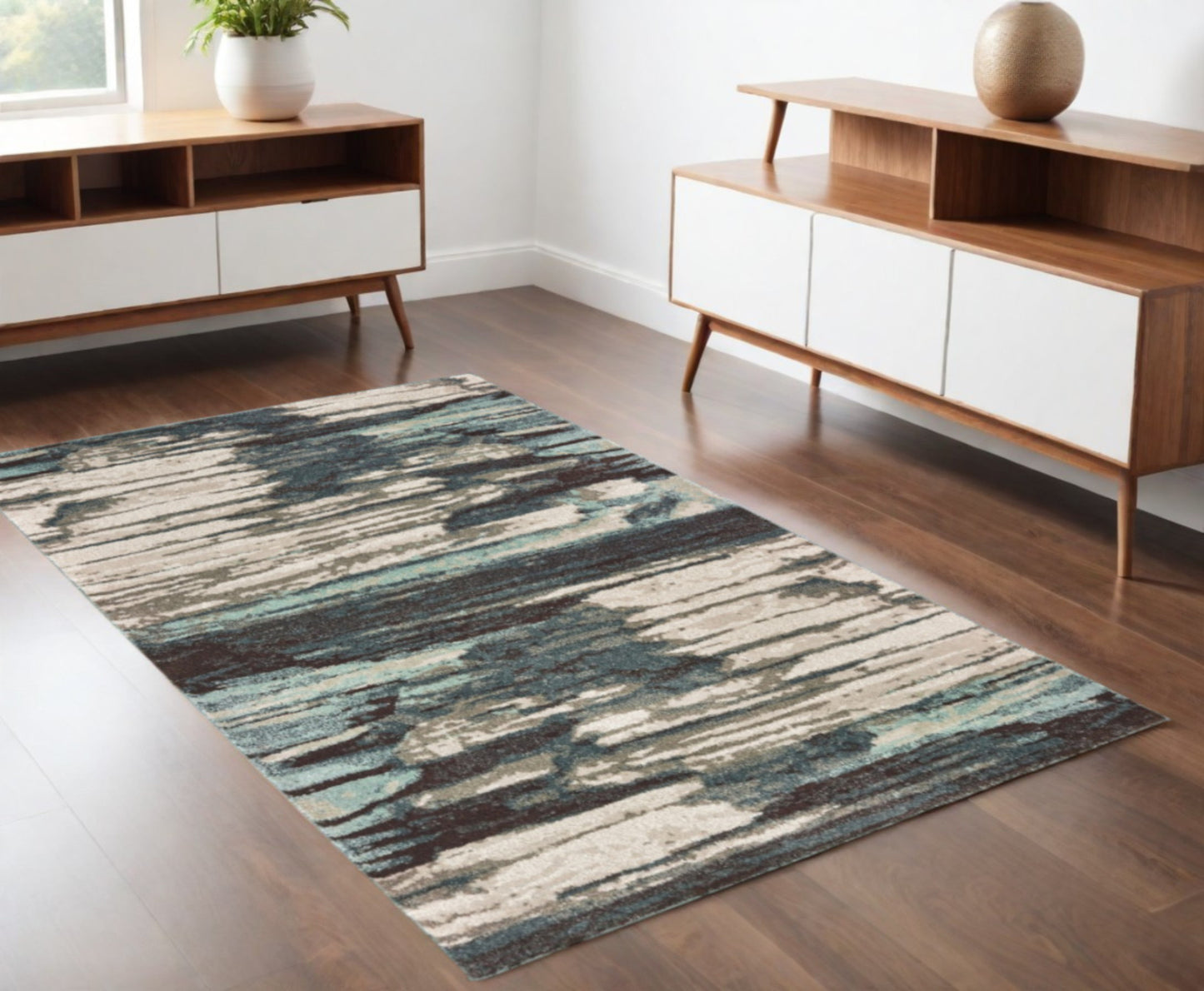 6' X 9' Ivory Blue And Gray Abstract Area Rug