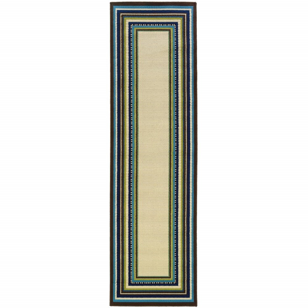 8' X 13' Ivory And Blue Striped Indoor Outdoor Area Rug