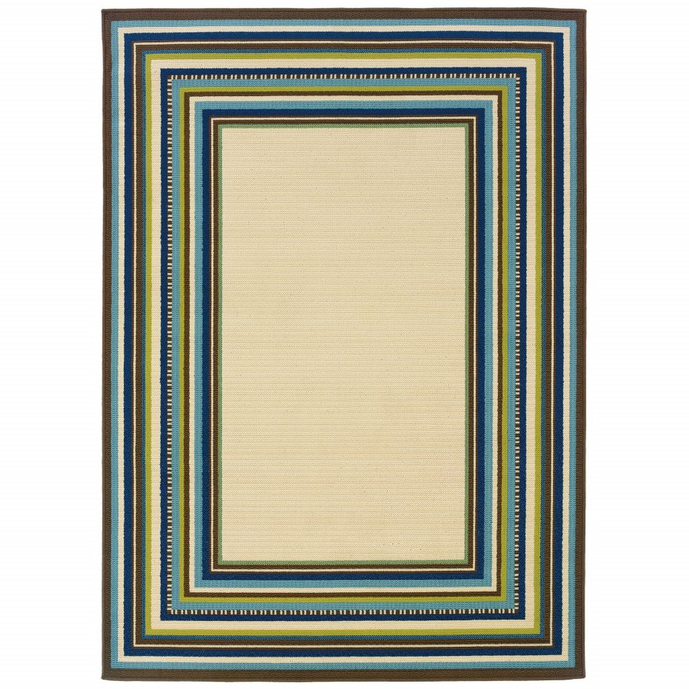 8' X 13' Ivory And Blue Striped Indoor Outdoor Area Rug
