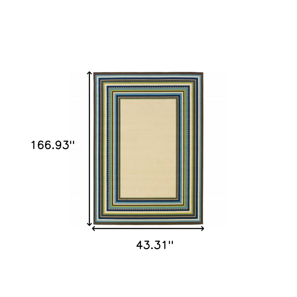 8' X 13' Ivory And Blue Striped Indoor Outdoor Area Rug