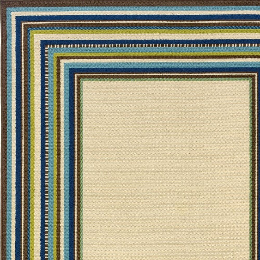 8' X 13' Ivory And Blue Striped Indoor Outdoor Area Rug
