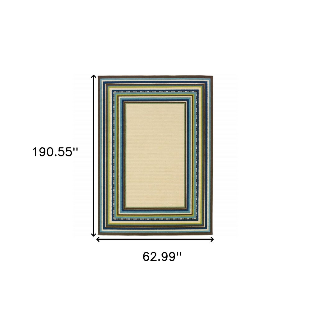 8' X 13' Ivory And Blue Striped Indoor Outdoor Area Rug