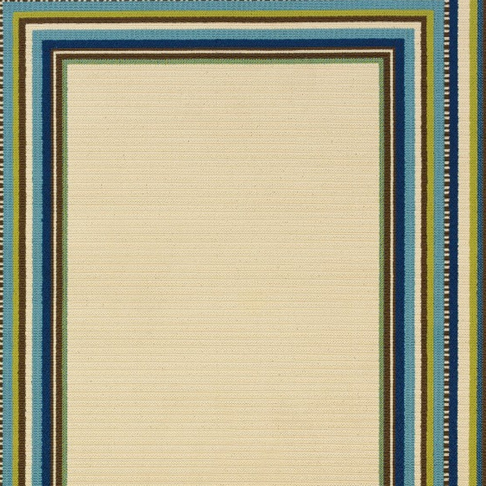 8' X 13' Ivory And Blue Striped Indoor Outdoor Area Rug