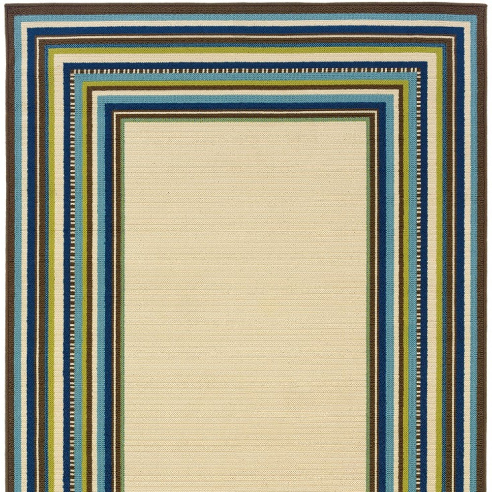 8' X 13' Ivory And Blue Striped Indoor Outdoor Area Rug