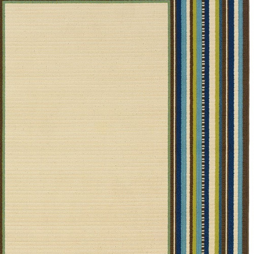8' X 13' Ivory And Blue Striped Indoor Outdoor Area Rug
