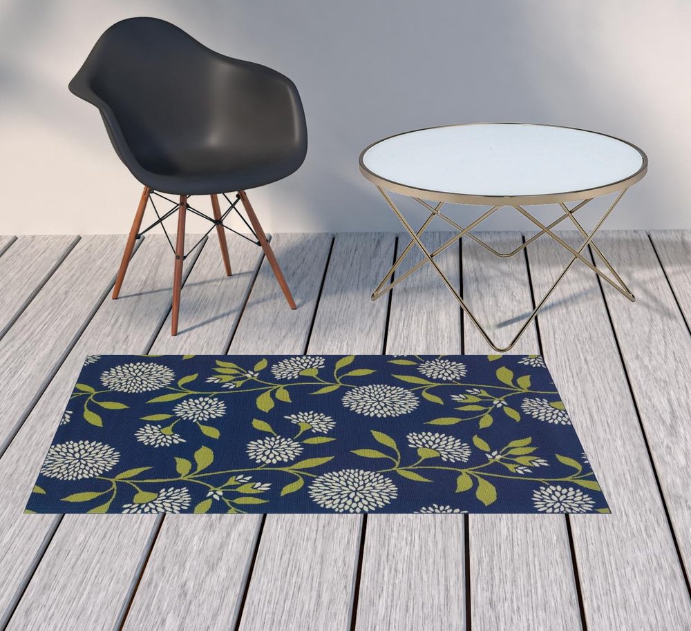 8' X 13' Blue And Green Floral Indoor Outdoor Area Rug