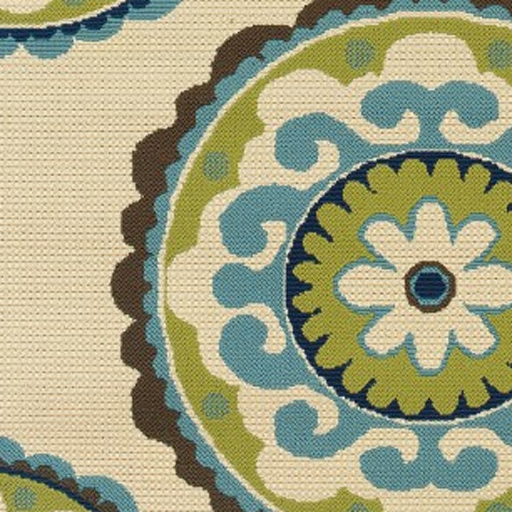 8' X 13' Ivory Indigo And Lime Green Floral Medallion Indoor Outdoor Area Rug