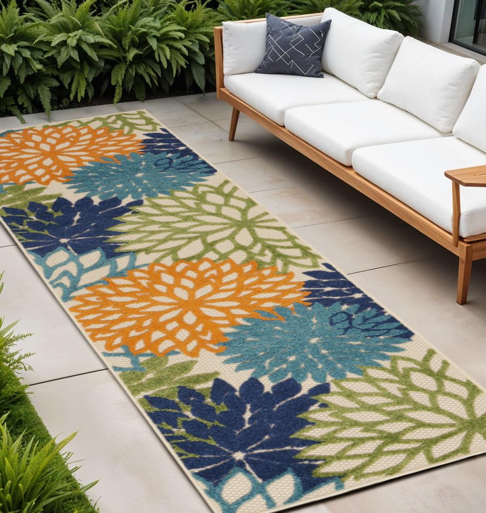 6' Ivory And Blue Indoor Outdoor Runner Rug