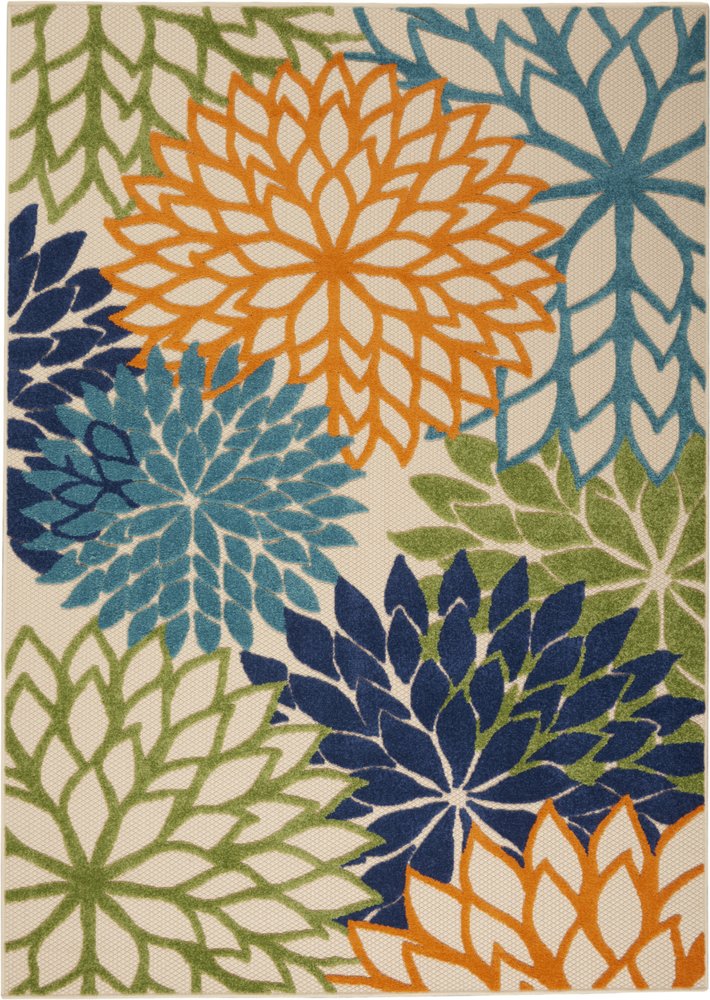 7' X 10' Ivory And Blue Floral Indoor Outdoor Area Rug