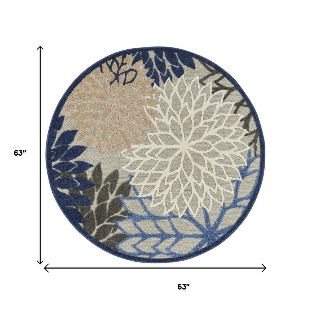 5' Blue And Gray Round Indoor Outdoor Area Rug