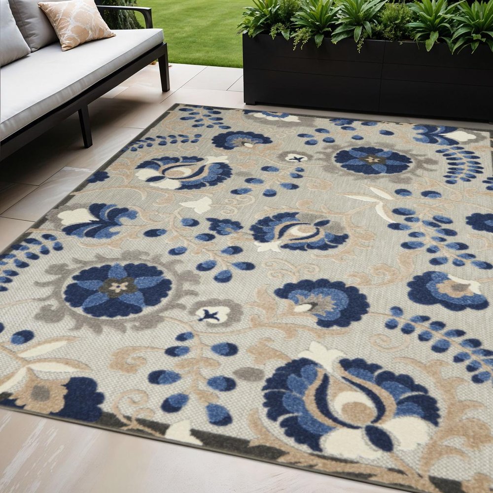 12' Blue And Gray Indoor Outdoor Runner Rug