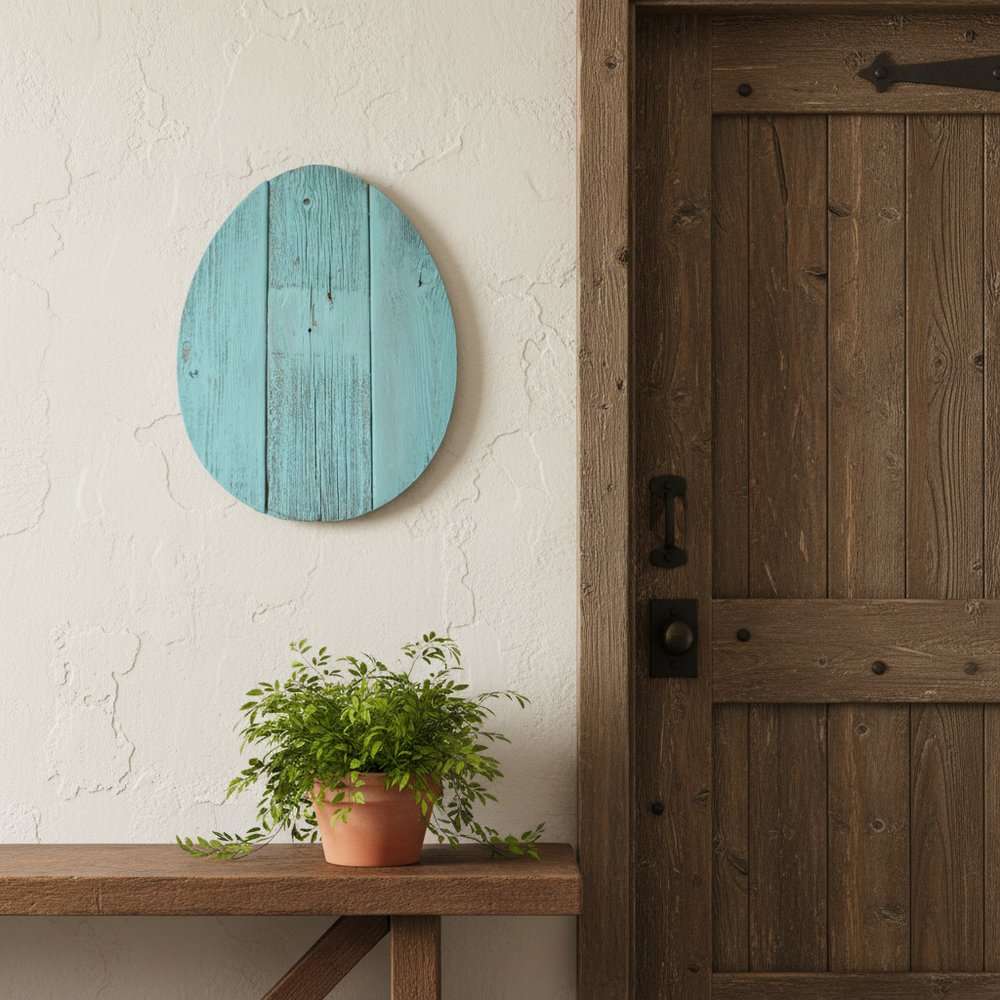 12" X 9" Turquoise Reclaimed Wood Egg Shaped Wall Decor