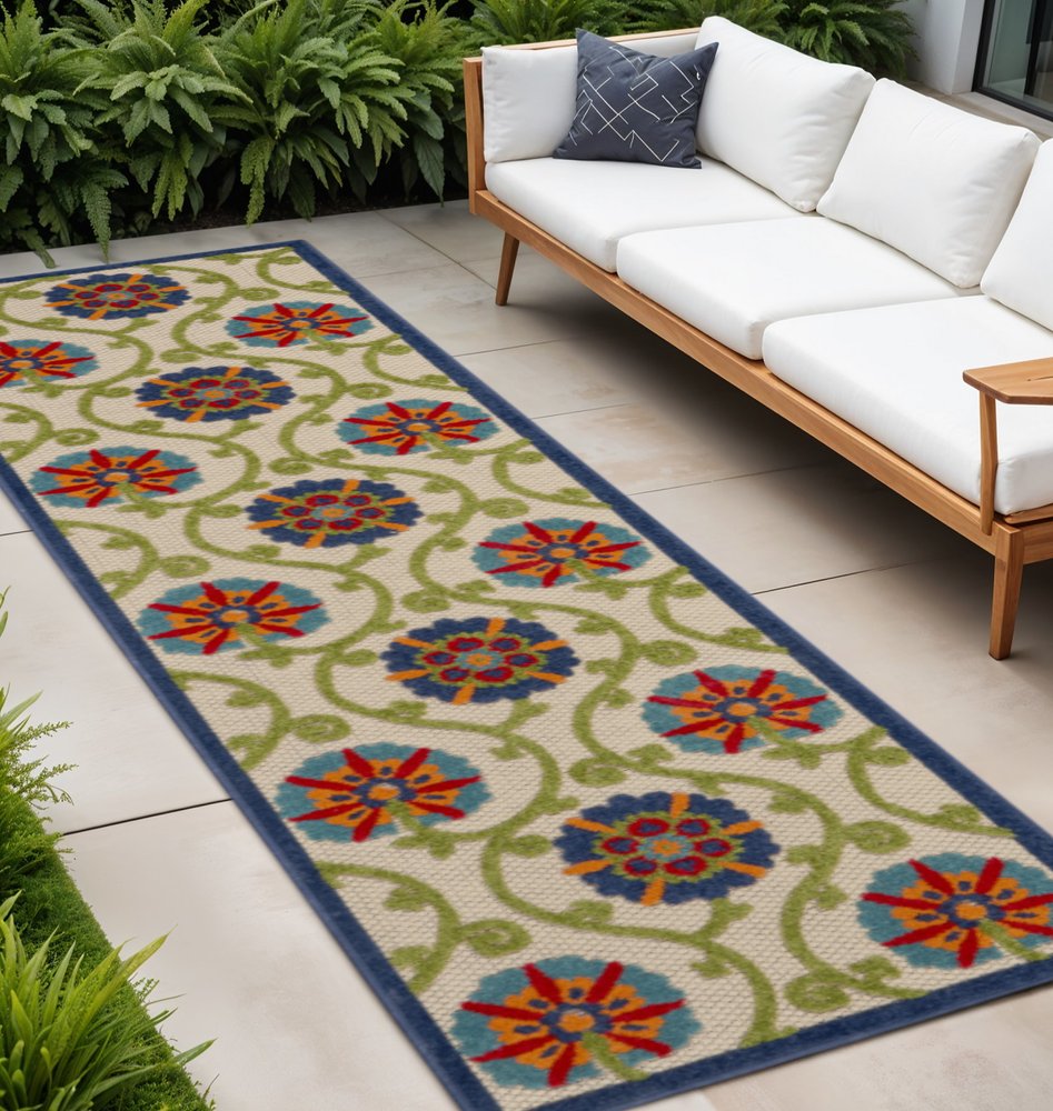 6' X 9' Ivory And Blue Indoor Outdoor Area Rug