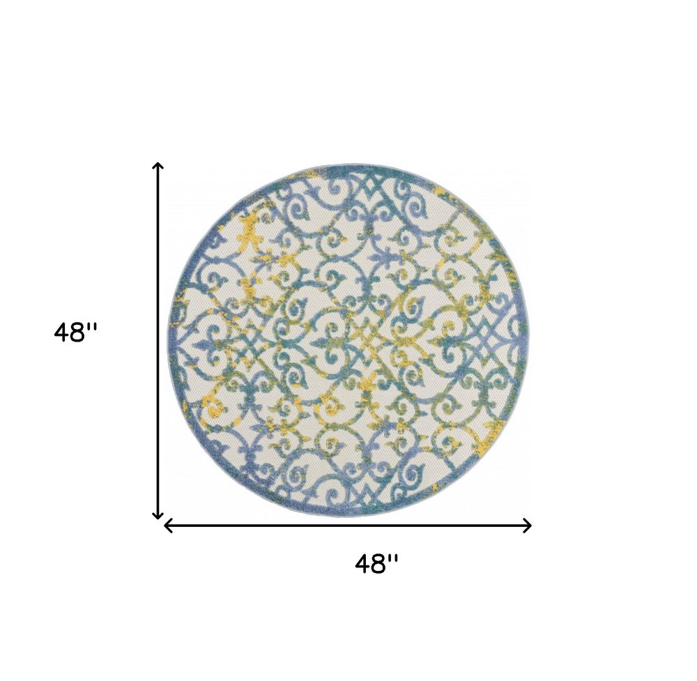 4' Ivory And Blue Round Indoor Outdoor Area Rug