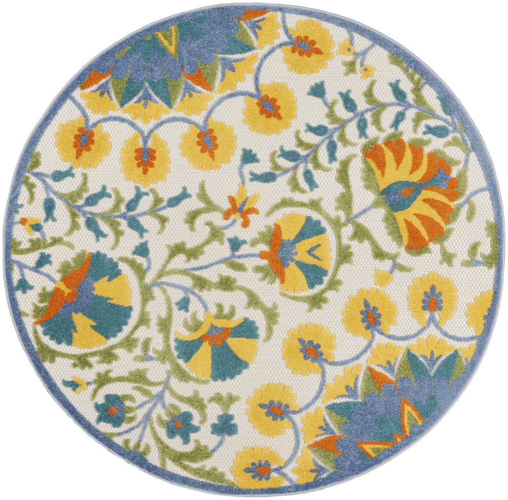 5' X 8' Ivory And Blue Floral Indoor Outdoor Area Rug