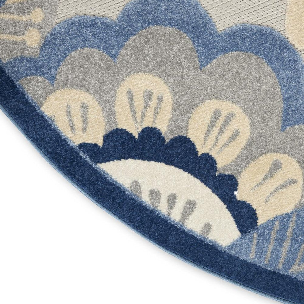 4' Blue Gray And Ivory Round Floral Indoor Outdoor Area Rug