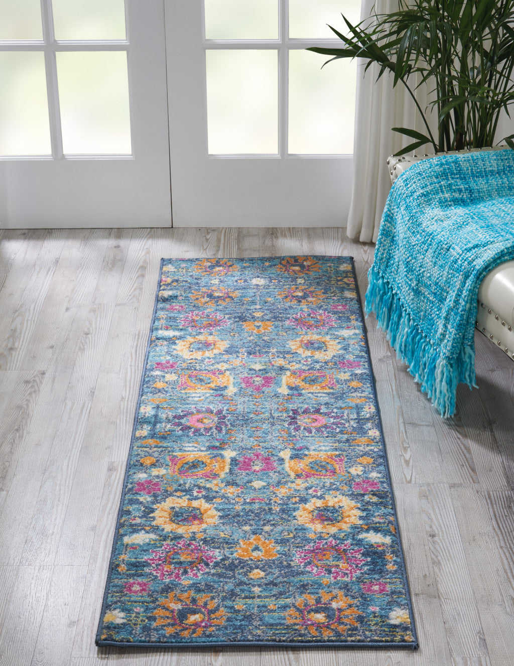 2' X 3' Blue And Orange Floral Distressed Area Rug