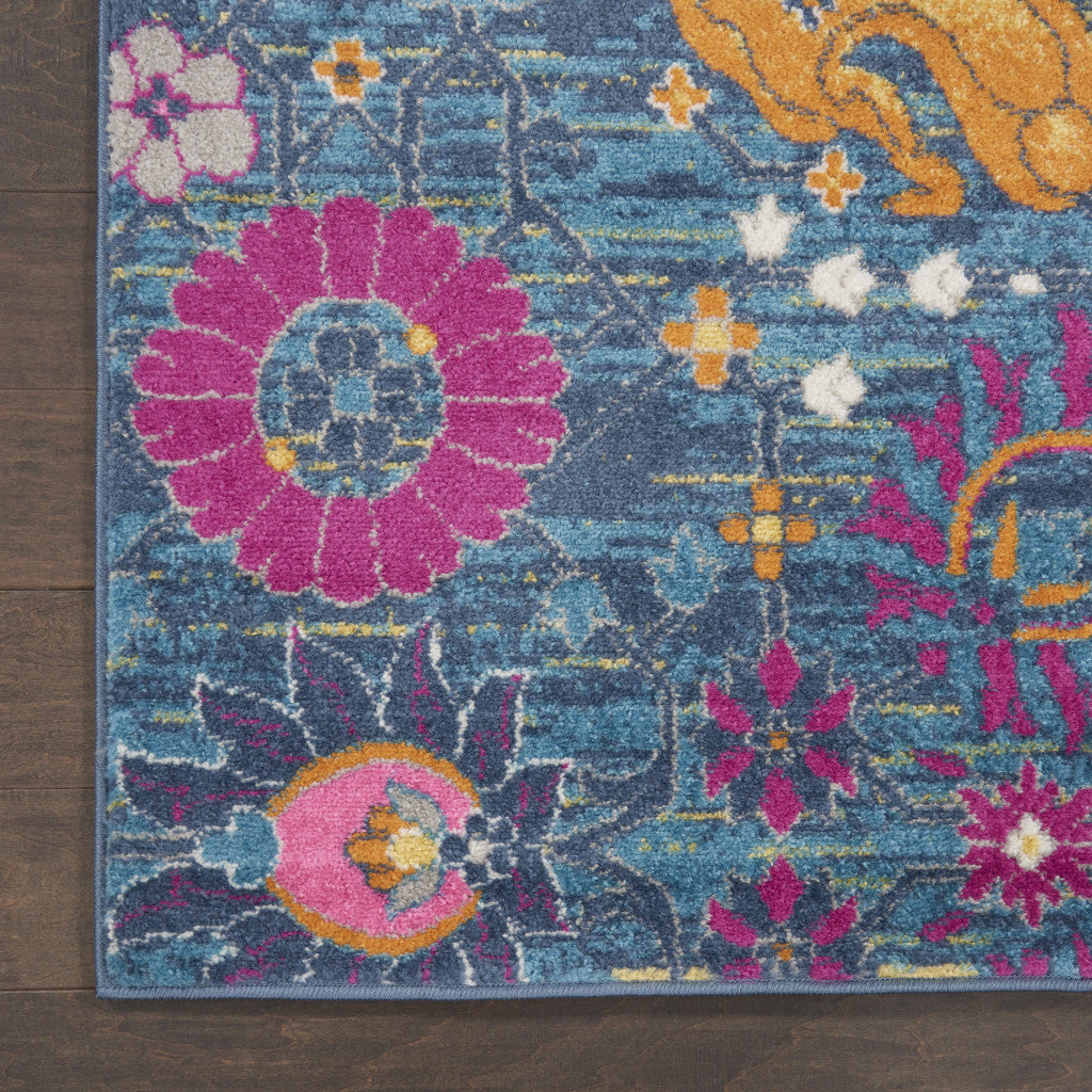 2' X 3' Blue And Orange Floral Distressed Area Rug
