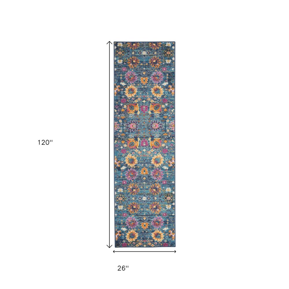 5' X 7' Blue And Orange Floral Distressed Area Rug