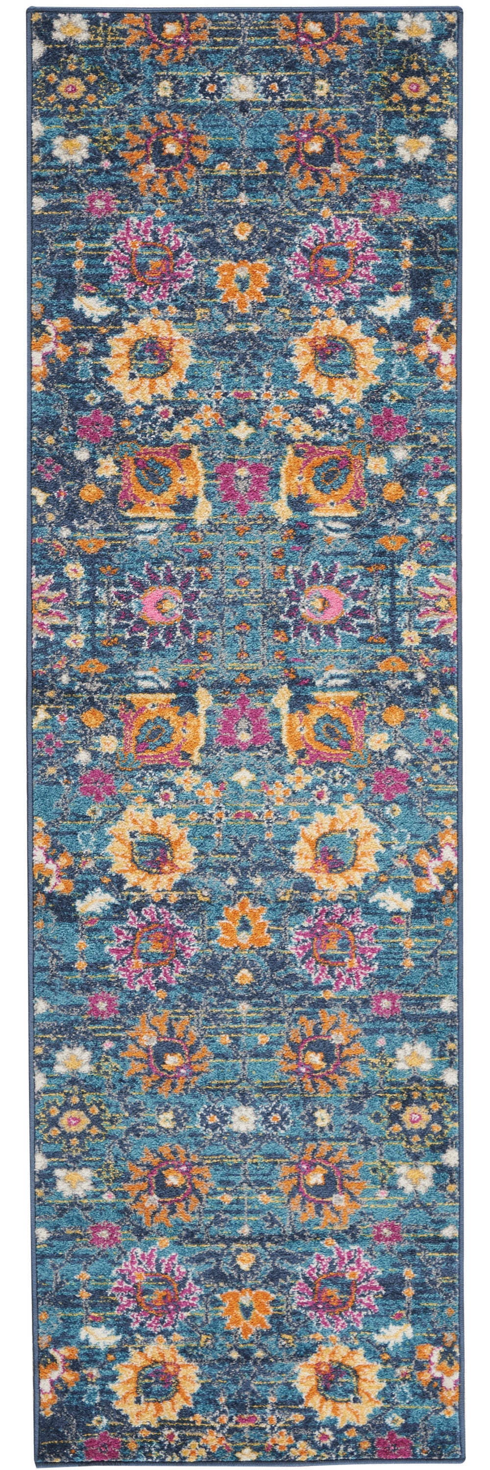 2' X 3' Blue And Orange Floral Distressed Area Rug