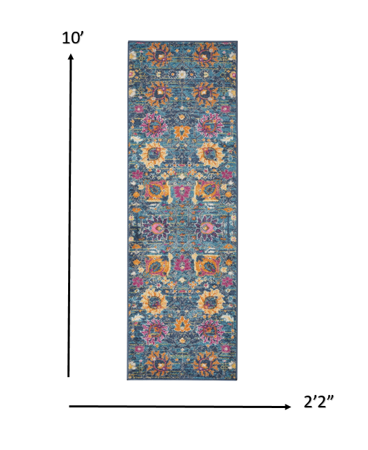 2' X 3' Blue And Orange Floral Distressed Area Rug