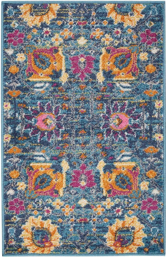 6' Blue And Orange Floral Distressed Runner Rug