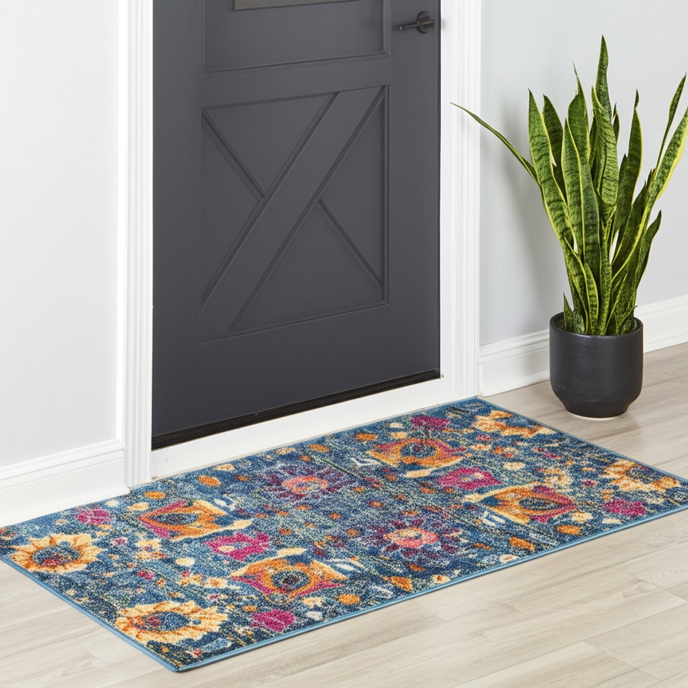 6' Blue And Orange Floral Distressed Runner Rug