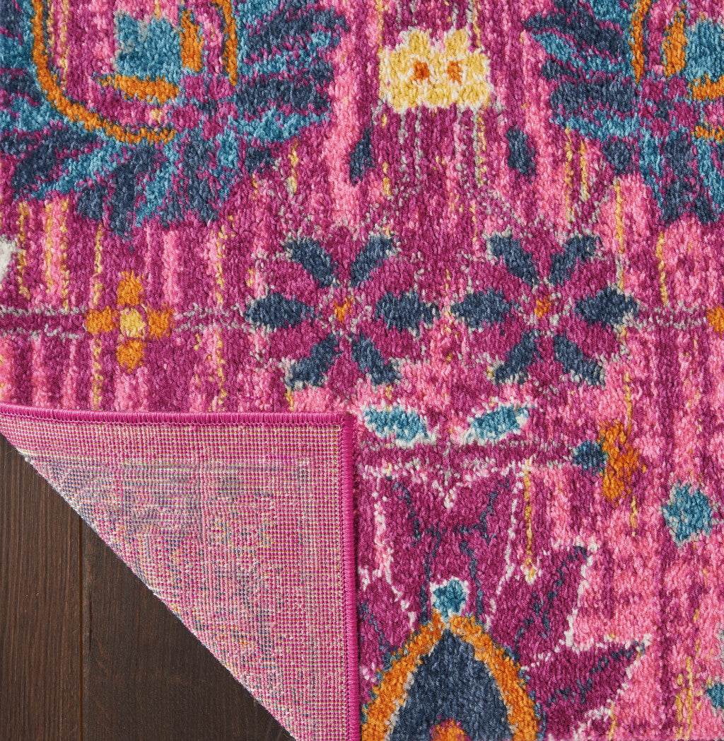 6' Fuchsia And Orange Floral Distressed Runner Rug