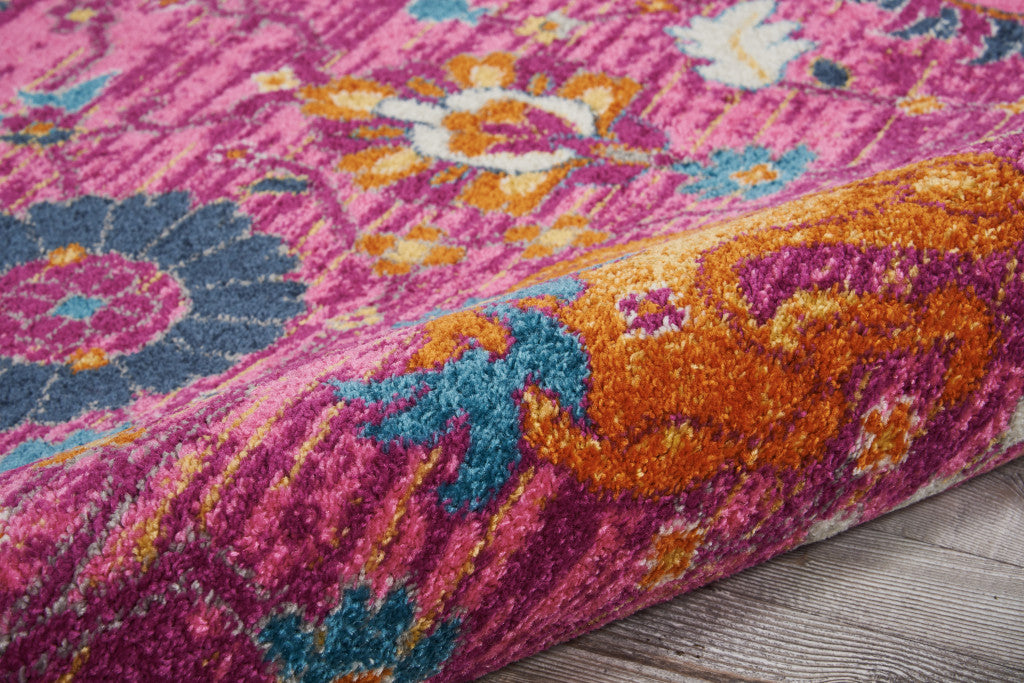 6' Fuchsia And Orange Floral Distressed Runner Rug