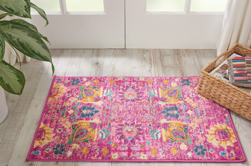 5' X 7' Fuchsia And Orange Floral Distressed Area Rug