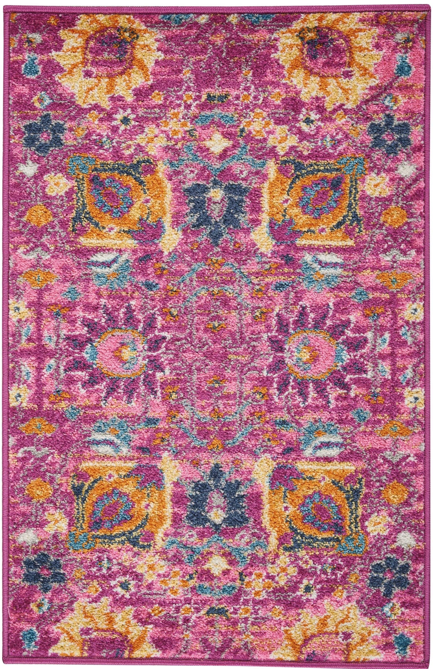 6' Fuchsia And Orange Floral Distressed Runner Rug