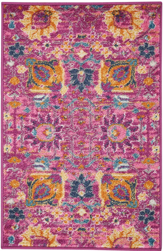 5' X 7' Fuchsia And Orange Floral Distressed Area Rug