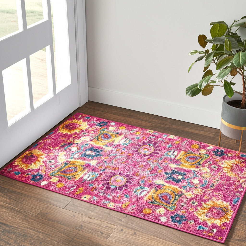 6' Fuchsia And Orange Floral Distressed Runner Rug