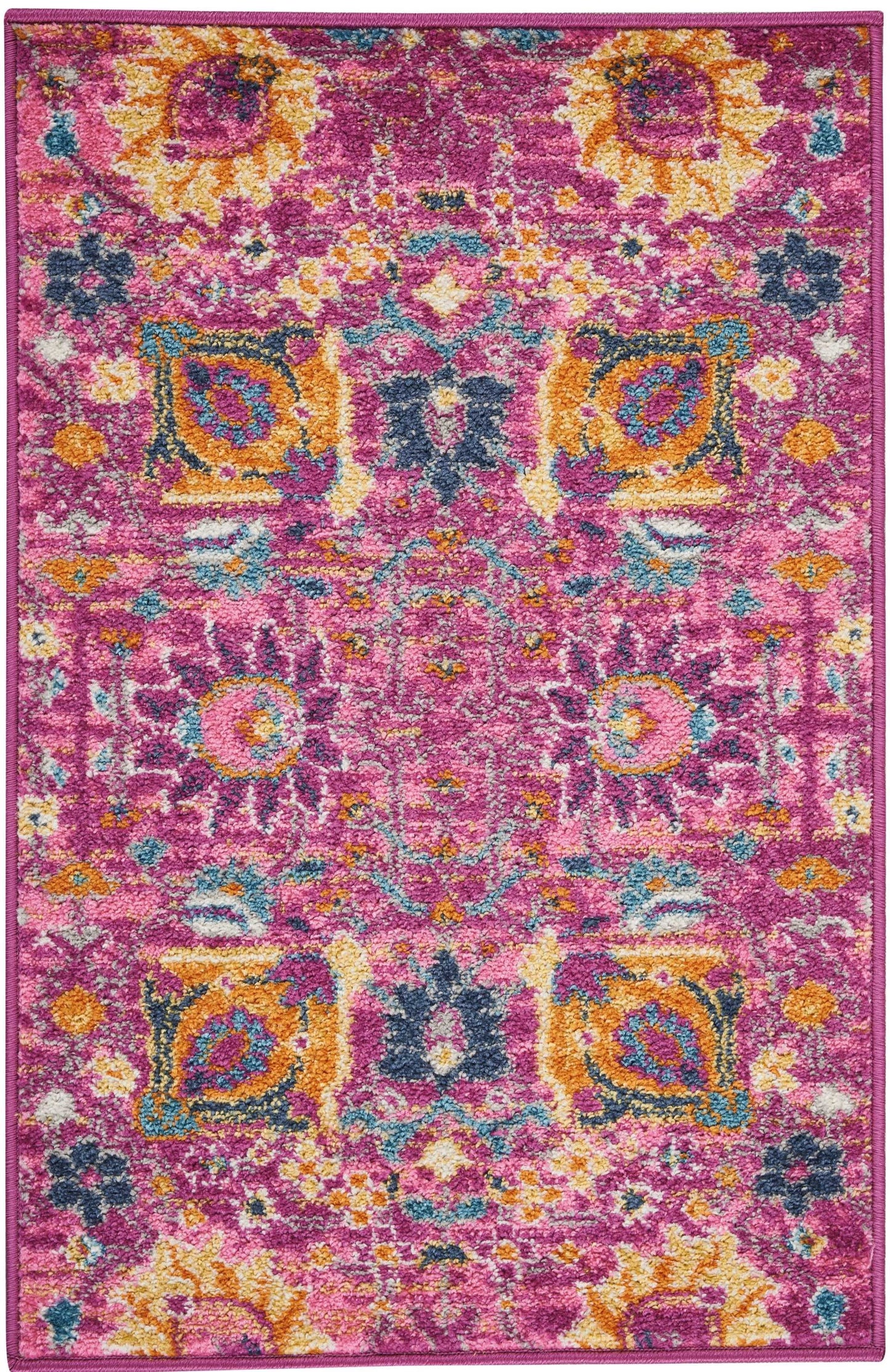 6' Fuchsia And Orange Floral Distressed Runner Rug