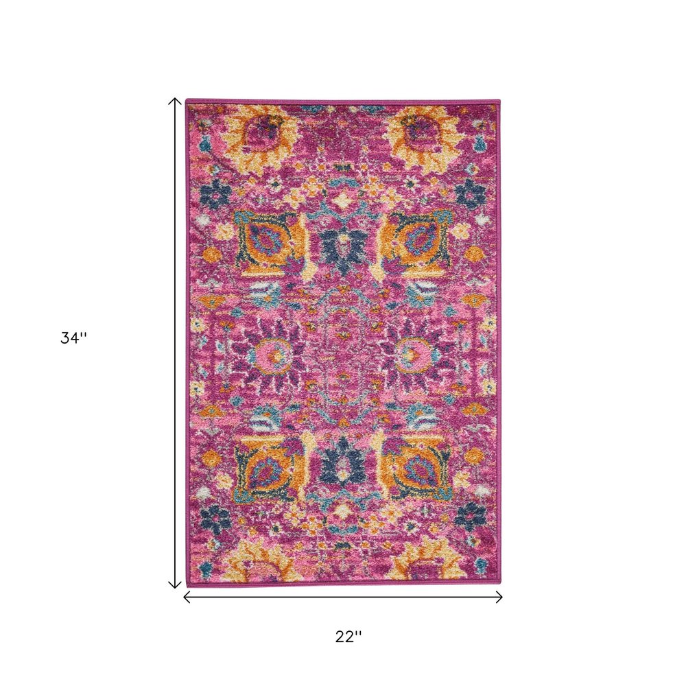 8' X 10' Fuchsia And Orange Floral Distressed Area Rug