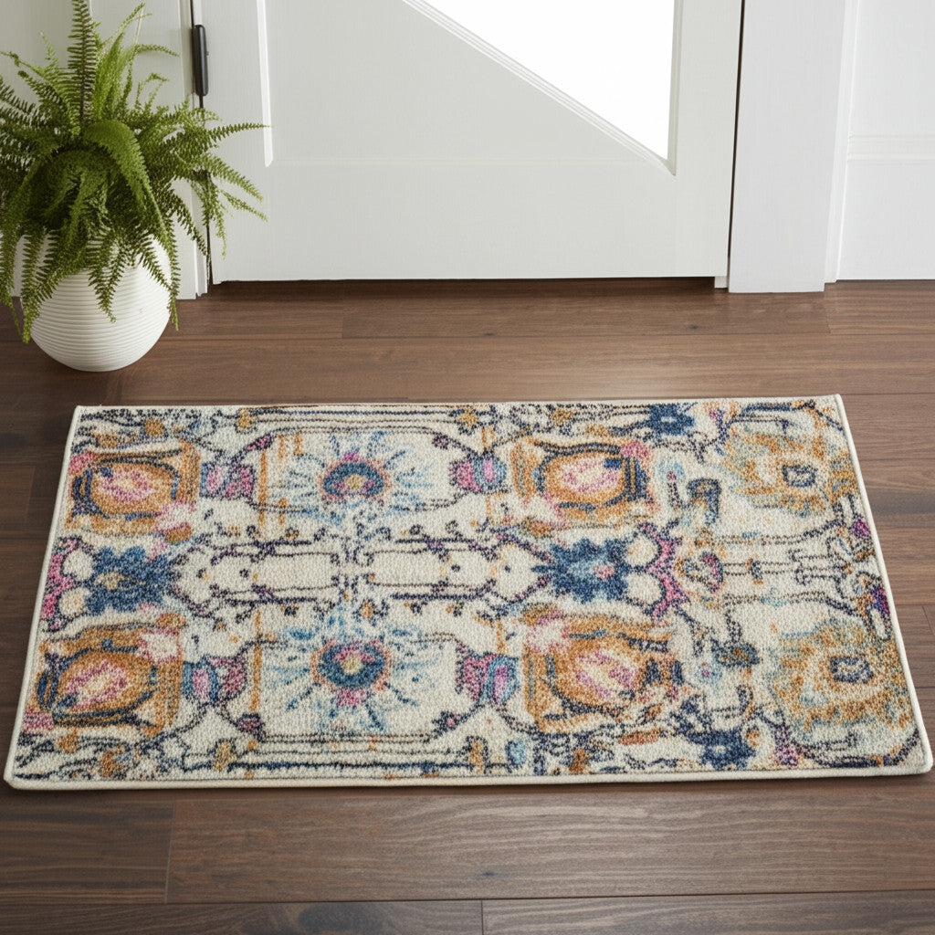 2' X 3' Ivory And Blue Floral Area Rug