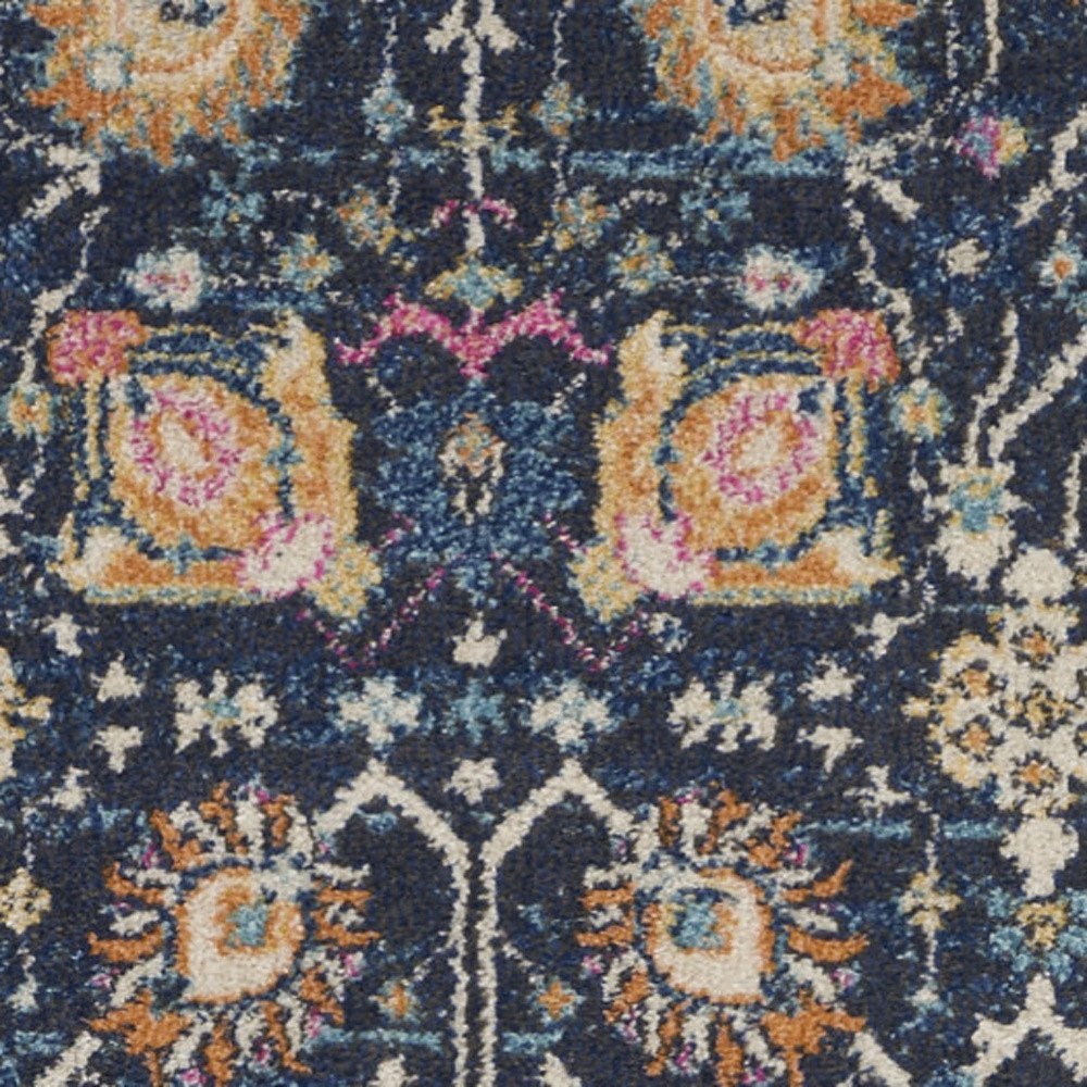 5' Navy Blue Yellow And Pink Floral Round Rug