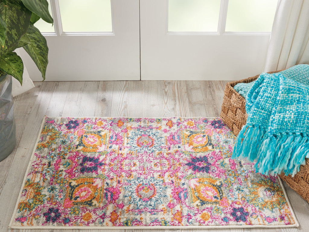 4' X 6' Silver Gray And Pink Floral Distressed Area Rug