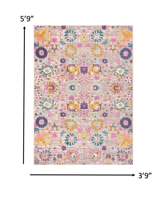 4' X 6' Silver Gray And Pink Floral Distressed Area Rug