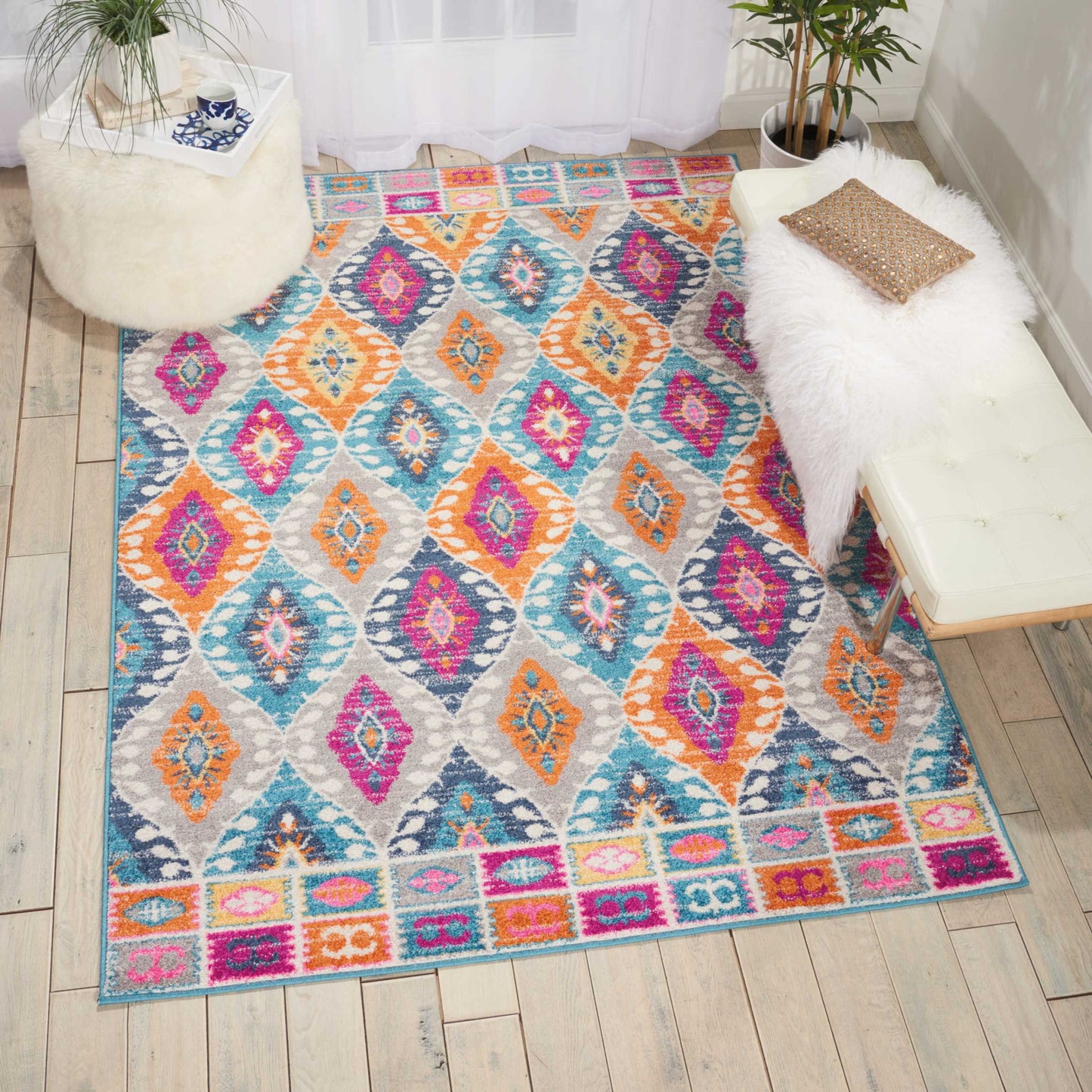 4' X 6' Gray Blue And Orange Ogee Distressed Area Rug