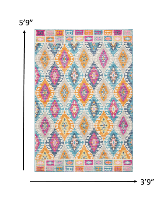 4' X 6' Gray Blue And Orange Ogee Distressed Area Rug
