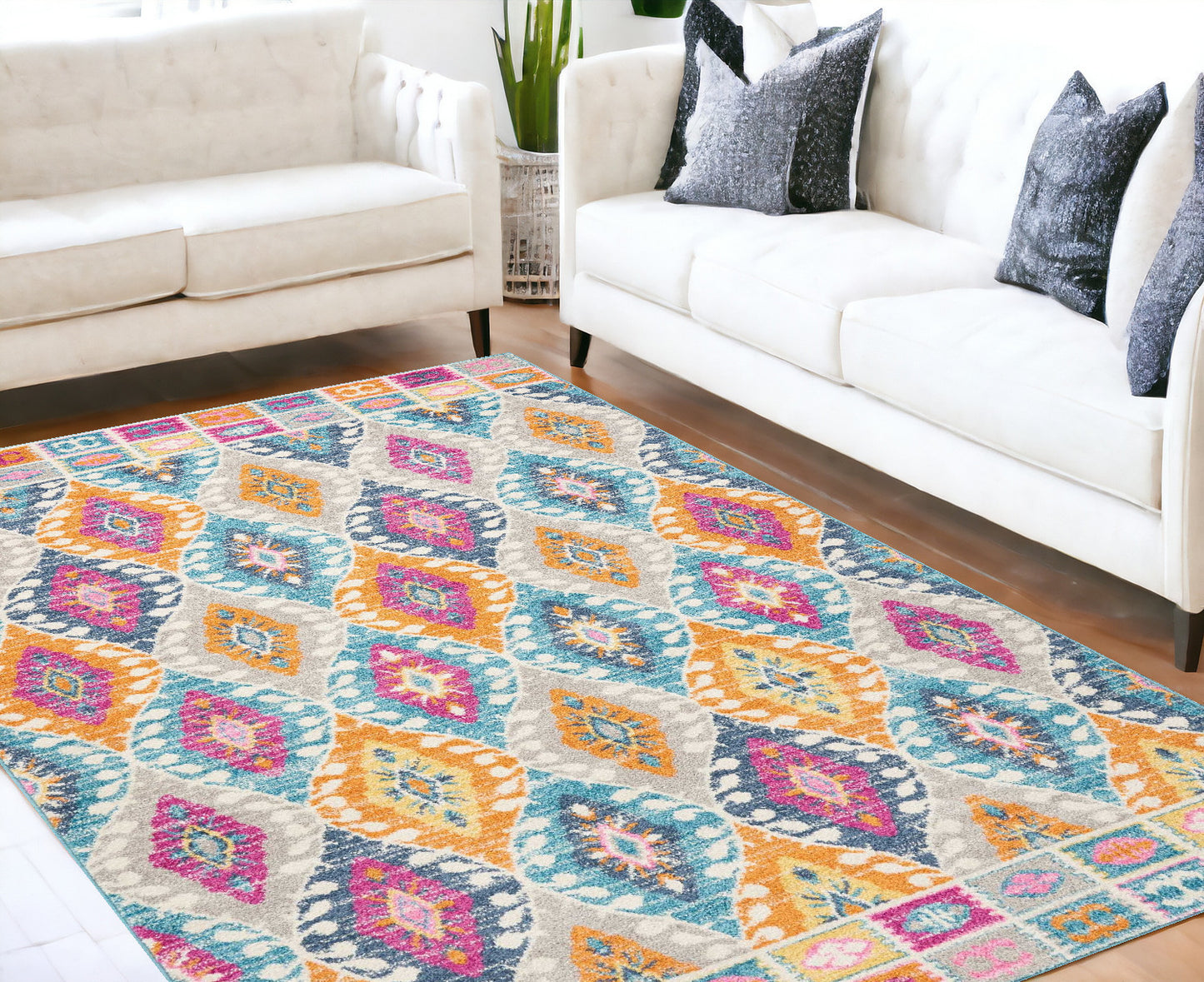 2' X 3' Ivory And Blue Ogee Distressed Area Rug
