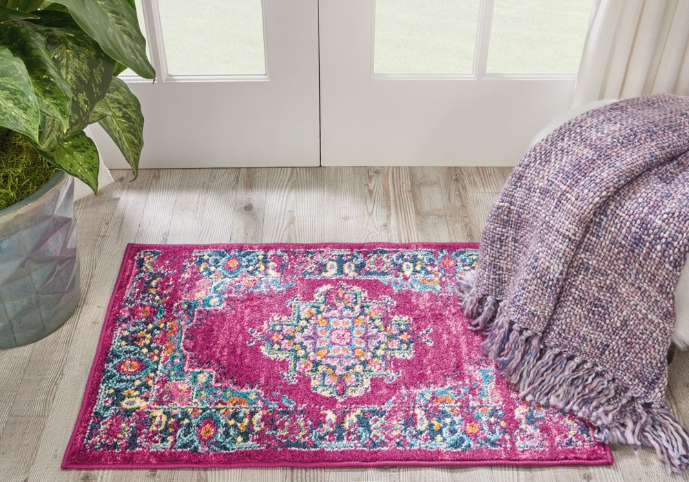 10' Fuchsia And Blue Oriental Distressed Runner Rug