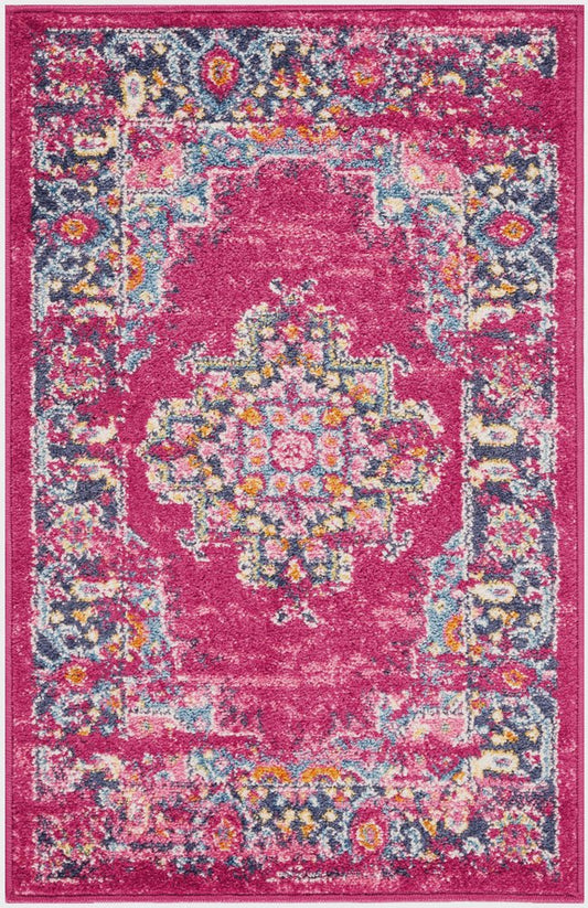 10' Fuchsia And Blue Oriental Distressed Runner Rug